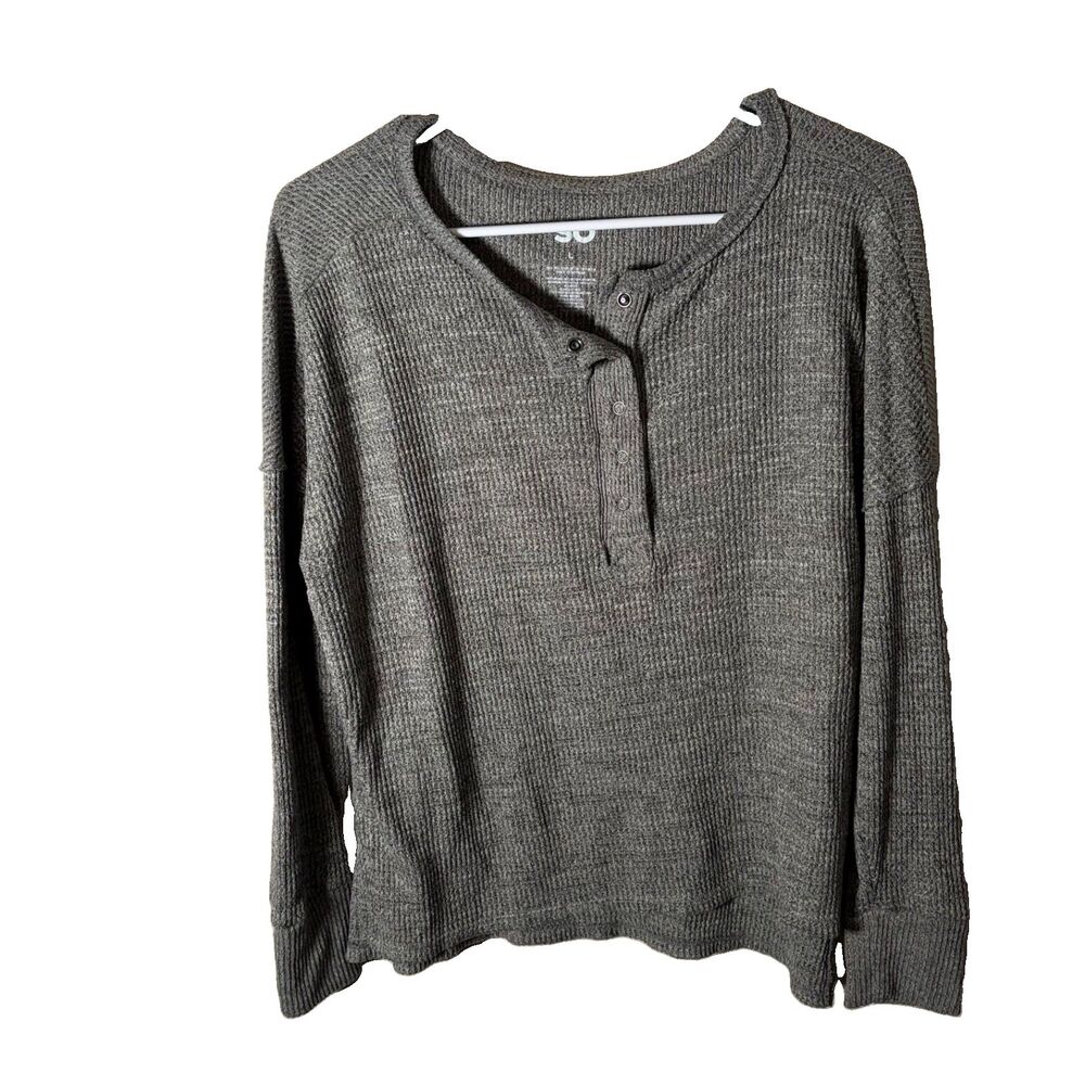 So T-Shirt Women's Large Gray Thermal Popover Long Sleeve Solid Shirt Top